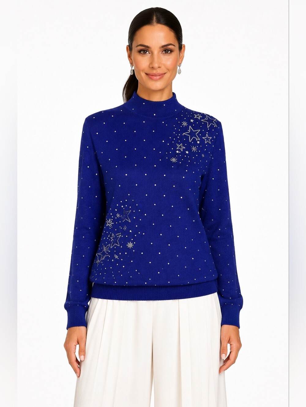 St John Evening Marie Gray Sweater S Blue Rhinestone Star Celestial Knit
